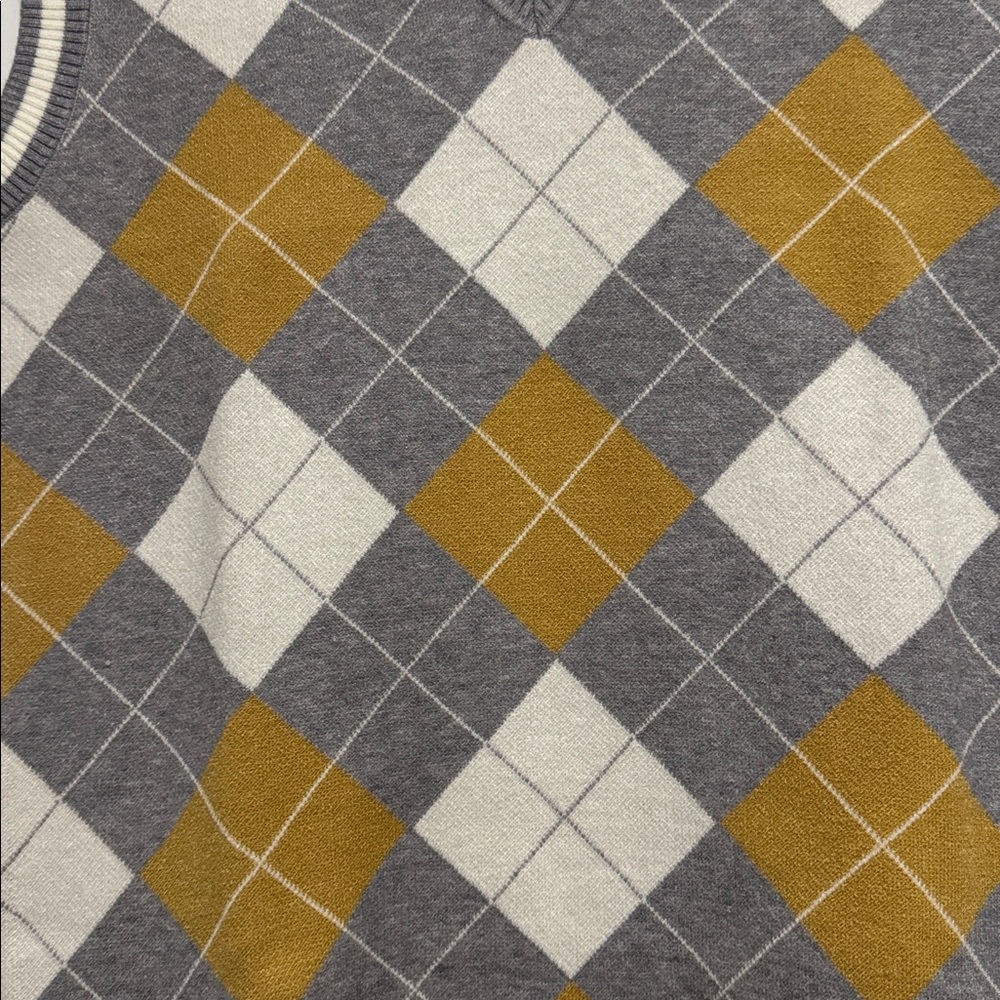 Argyle Sweater Vest Dress Gray Mustard V-Neck Knit Sleeveless Size L - Picture 4 of 4